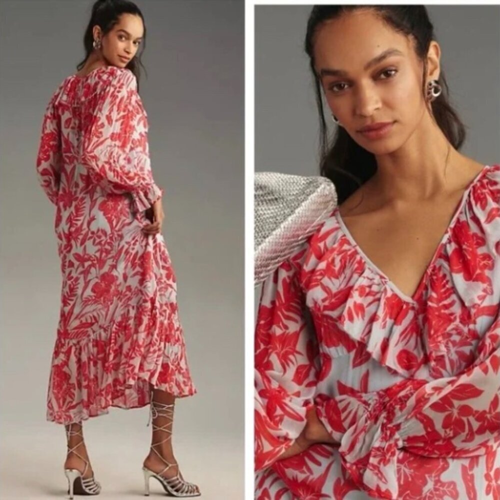 By Anthropologie Long Sleeve V-Neck Chiffon Flowy Dress Sheer Floral Size Medium